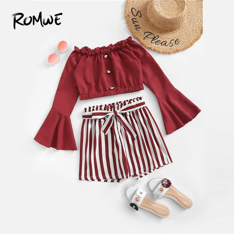ROMWE Frill Trim Fluted Sleeve Top With Shorts 2019 Women Red Striped Belt Off the Shoulder Two Piece Summer 2 Piece Set
ROMWE Frill Trim Fluted Sleeve Top With Shorts 2019 Women Red Striped Belt Off the Shoulder Two Piece Summer 2 Piece Set