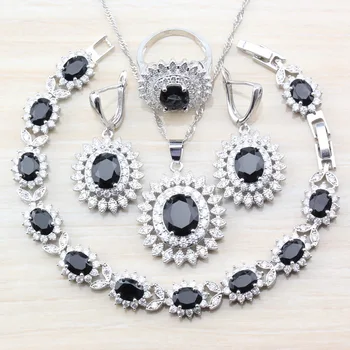 

7-Color Alluring Silver Color Women Party 4PCS Jewelry Black Zircon Ring Size 6/7/8/9/10 Bracelet Length 20CM