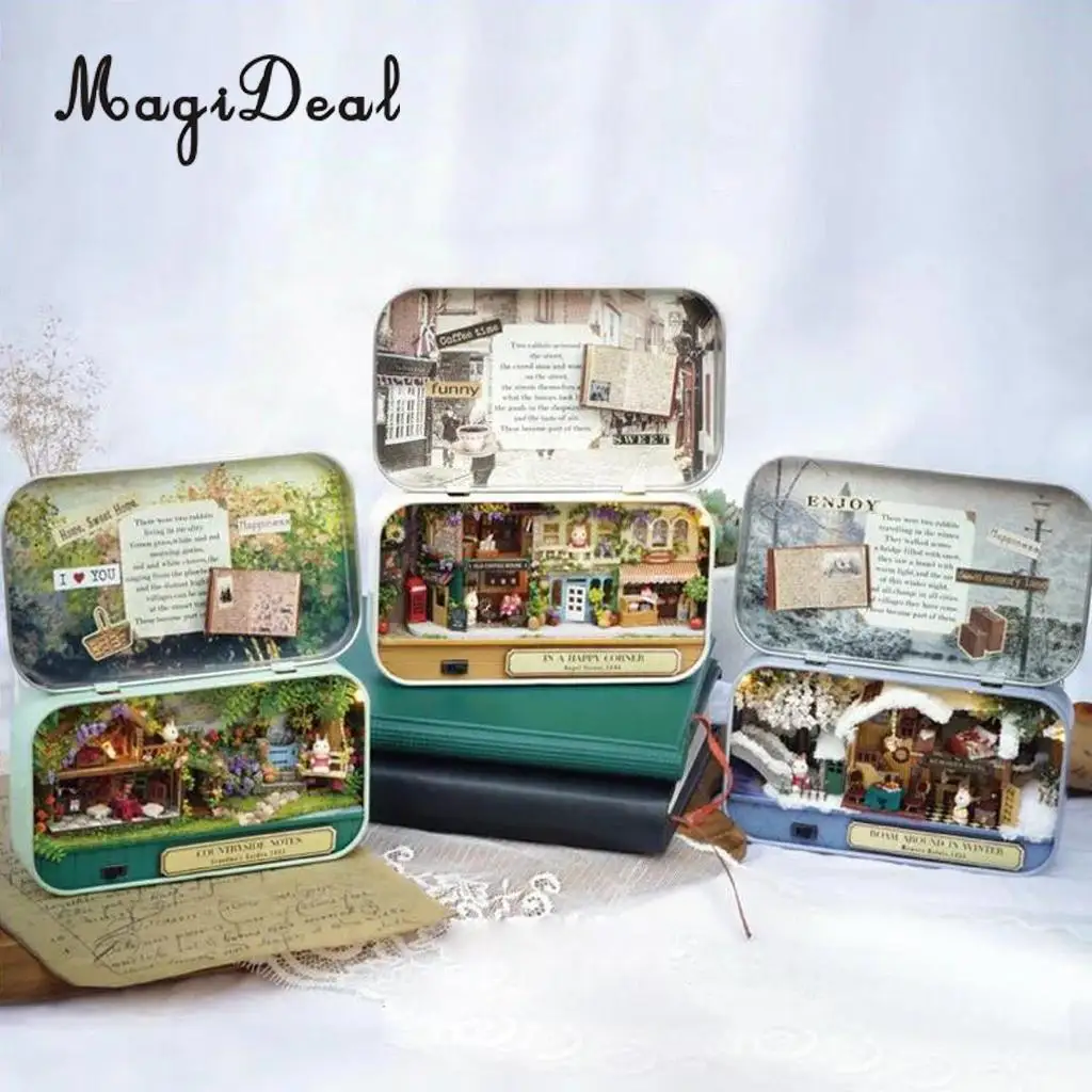 1Set DIY Handicraft Tin Box Wood Miniature Dollhouse Theatre Series for Room Home Desk Decor Novelty Friends Birthday Gift