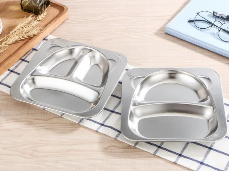 Stainless steel grid snack plate deep thick 2/3 grid students adult canteen tableware metal snack plate Stainless steel grid snack plate deep thick 2/3 grid students adult canteen tableware metal snack plate