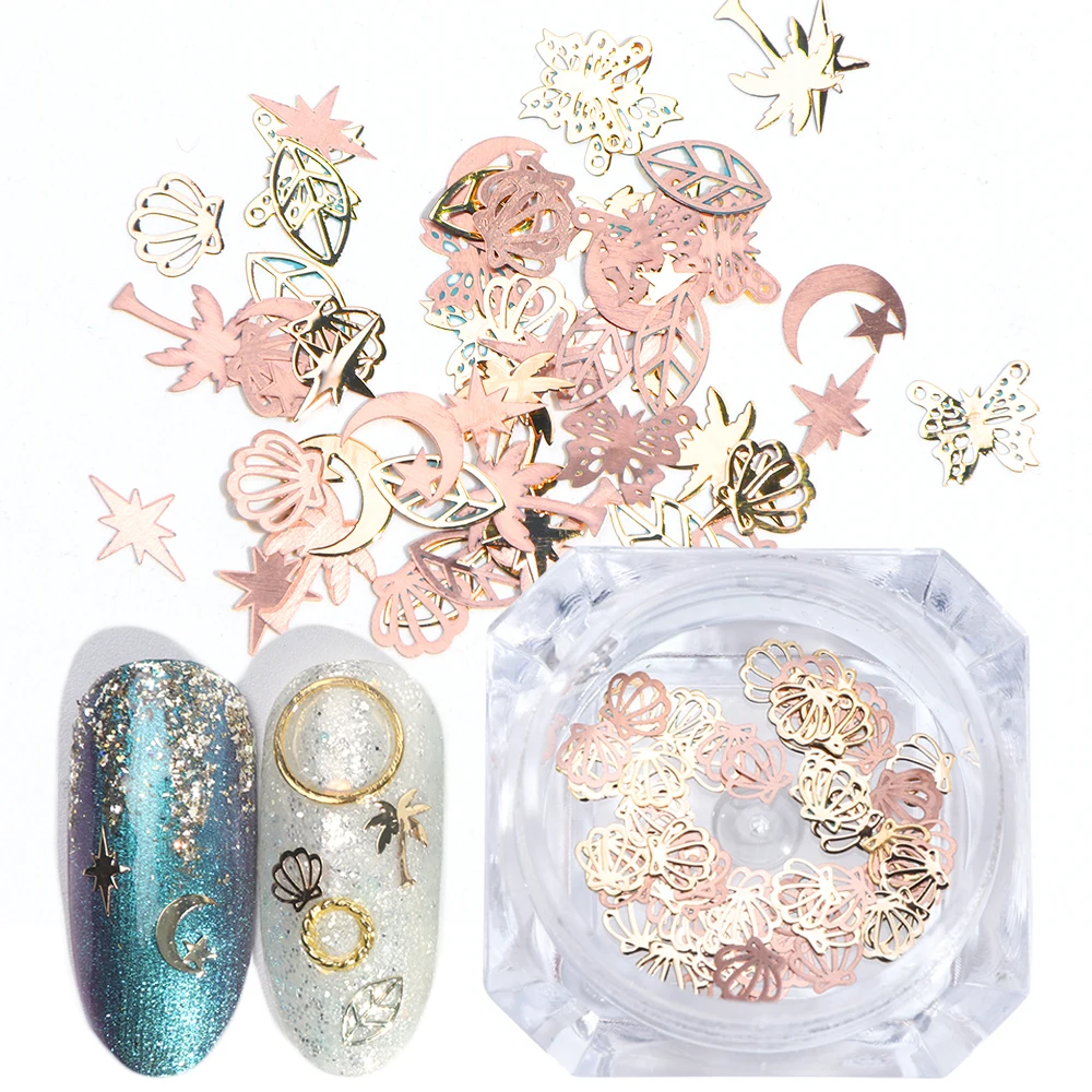 3D Gold Metallic Hollow Slice Sequins Nail Art Decoration Mixed Shape Shell Moon Star Leaf Butterfly Flakes DIY Manicure LA763-1 (6)