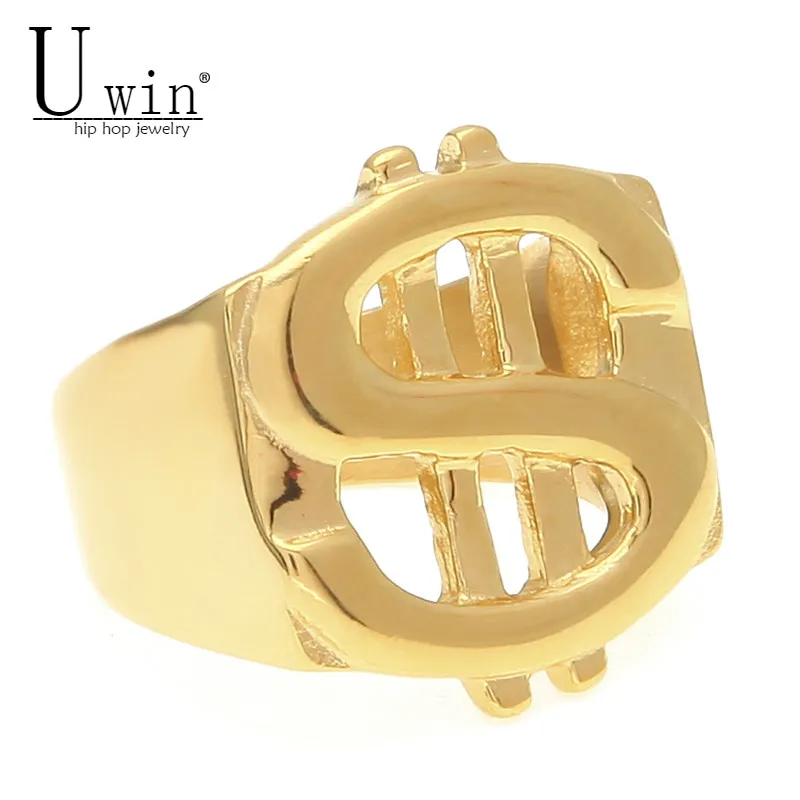 UWIN 316 нержавеющая сталь золотой цвет доллар кольцо с изображением Знака Доллара