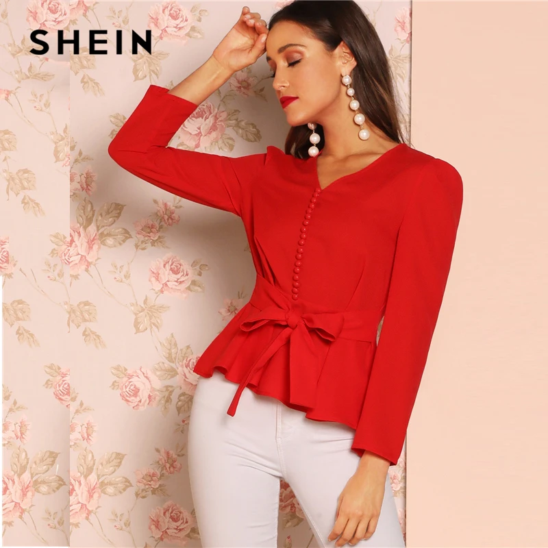 

SHEIN Red Button Detail Knot V-Neck Peplum Top Long Sleeve Puff Shoulder Blouse Women Spring Plain Workwear Tops and Blouses