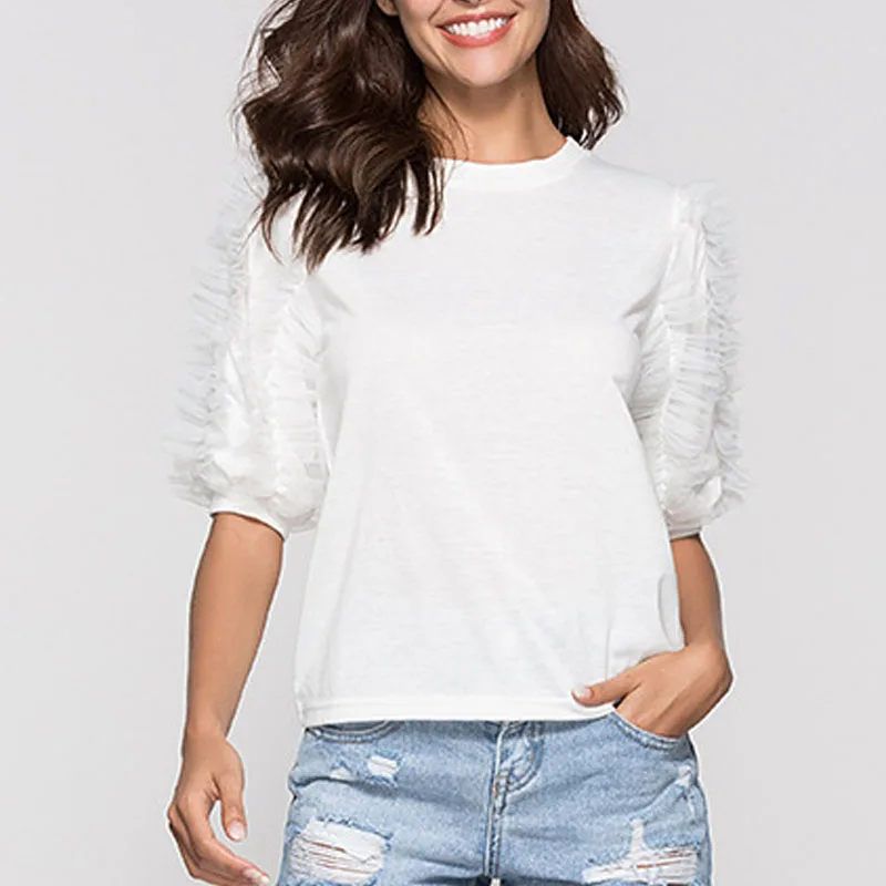 Round neck solid color five-point sleeve short fashion casual temperament Slim stitching mesh T-shirt women
Round neck solid color five-point sleeve short fashion casual temperament Slim stitching mesh T-shirt women