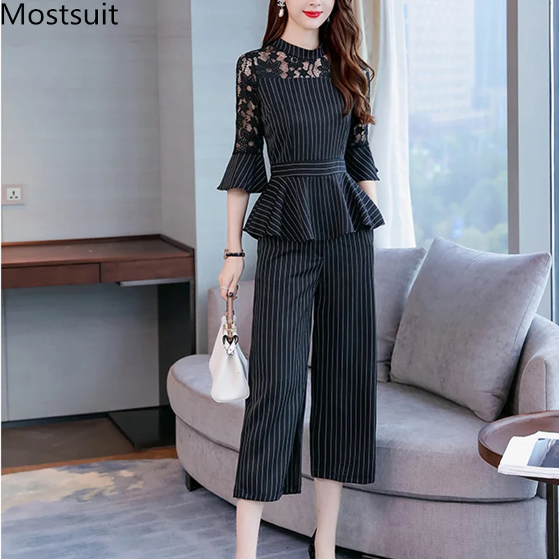 Black Striped Two Piece Sets Women Plus Size Flare Sleeve Lace Hollow Tops And Pants Suits Office Elegant Korean 2 Piece Sets
Black Striped Two Piece Sets Women Plus Size Flare Sleeve Lace Hollow Tops And Pants Suits Office Elegant Korean 2 Piece Sets
