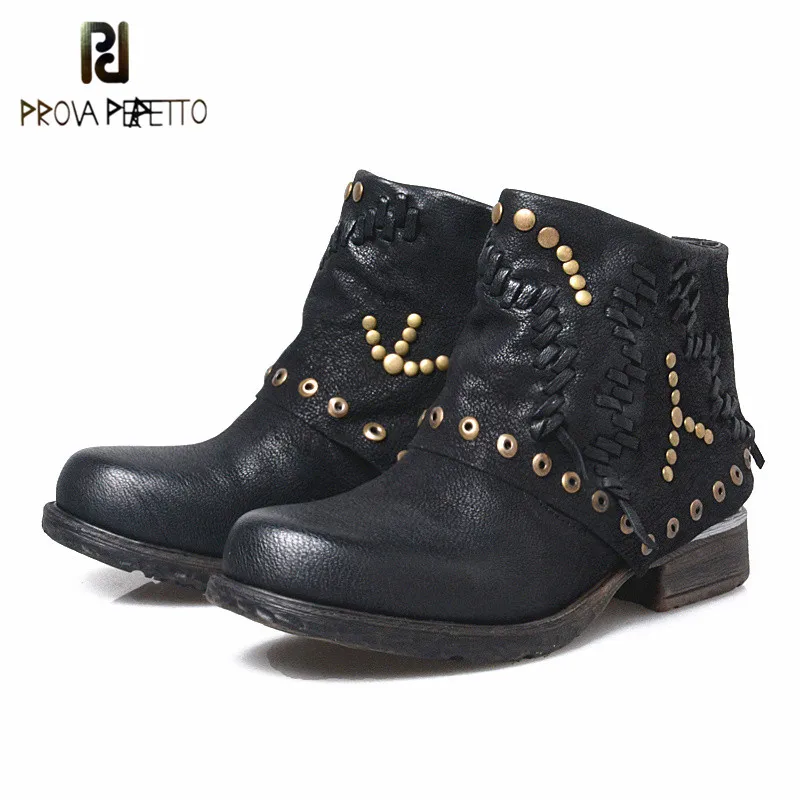 Prova Perfetto New Design Genuine Leather Patchwork Appliques Rivets Woman Ankle Boots Round Toe Slip On Low Heel Short Boots
Prova Perfetto New Design Genuine Leather Patchwork Appliques Rivets Woman Ankle Boots Round Toe Slip On Low Heel Short Boots