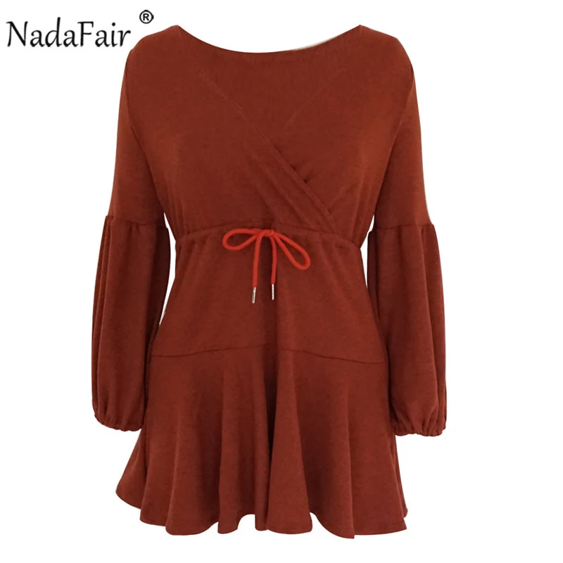 Nadafair long puff sleeve knitted autumn winter dresses women deep v neck casual elastic waist lace up sweater sexy mini dress 29