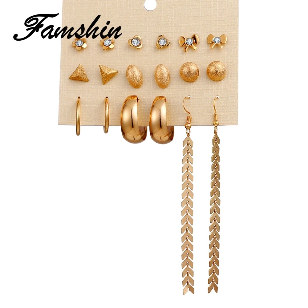FAMSHIN New Geometric Long Tassel Earring Set Bow Earrings For Women Earring Crystal Brincos Female Jewelry Gift 9 Pair/Set
FAMSHIN New Geometric Long Tassel Earring Set Bow Earrings For Women Earring Crystal Brincos Female Jewelry Gift 9 Pair/Set