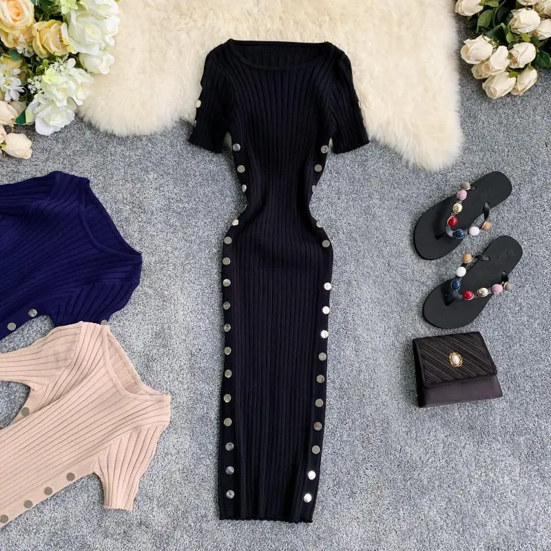 2019 new fashion women's dresses Vintage Knit Round Neck Short Sleeve Slim Thin Side Double Breasted Dress
2019 new fashion women's dresses Vintage Knit Round Neck Short Sleeve Slim Thin Side Double Breasted Dress