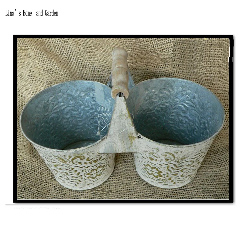 retro antique metal handcrafted double flower pot with handle (5)
