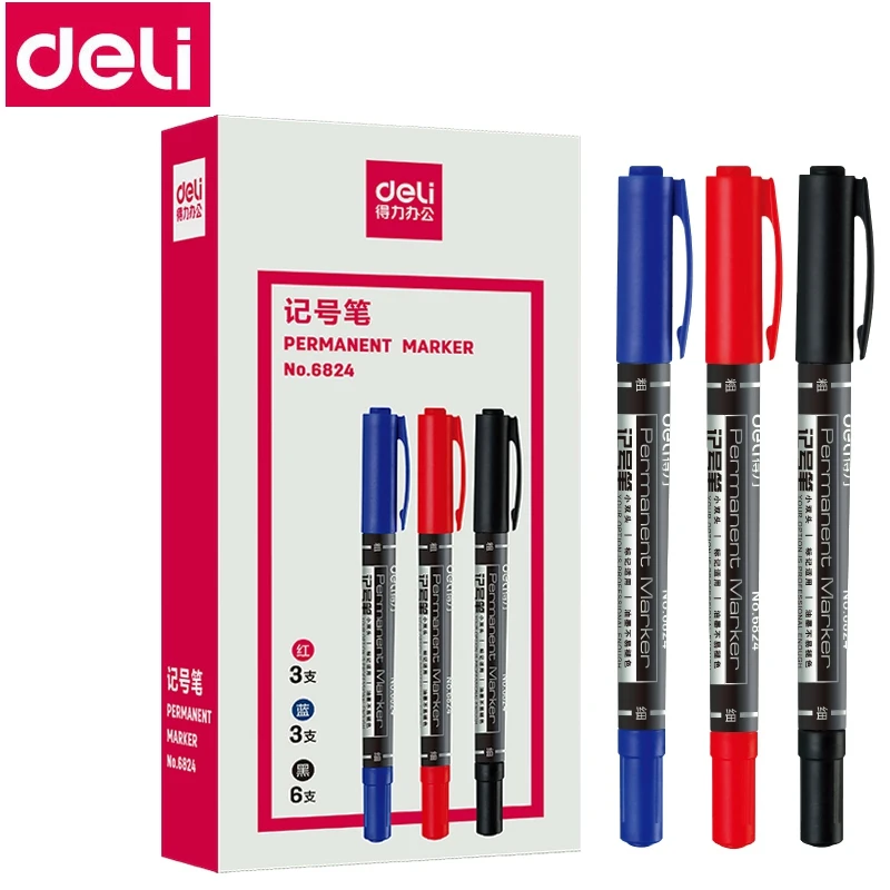 

12PCS/BOX Deli 6824# double side permanent marker pen 0.5mm & 1mm black blue red colors marking pen oil-based ink marker pen