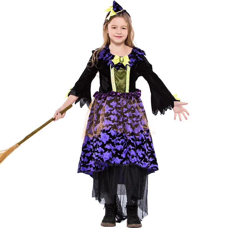 

Kid Girls Halloween Witch Costume Idea Funny Purple Dress Cheap Net Yarn Fancy Long Sleeve Outfit