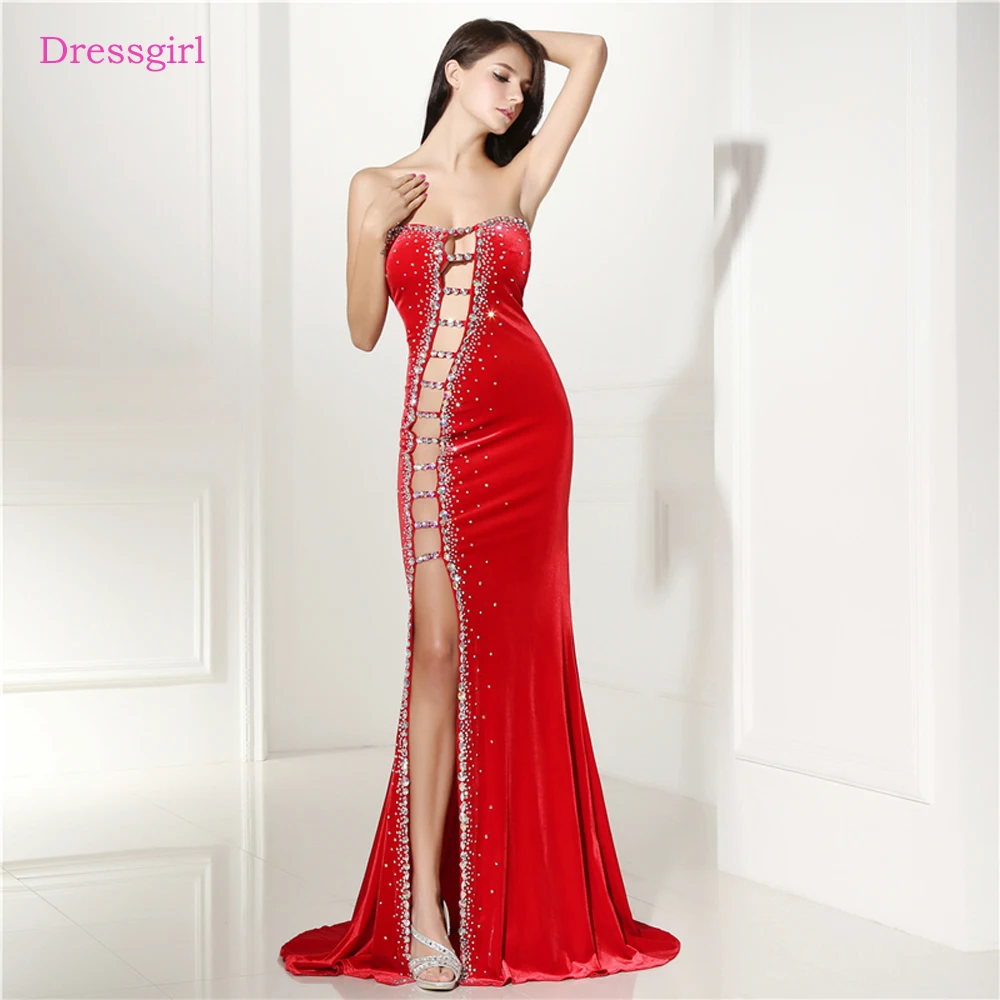 Женское вечернее платье-русалка Красное Длинное бархатное платье с вышивкой