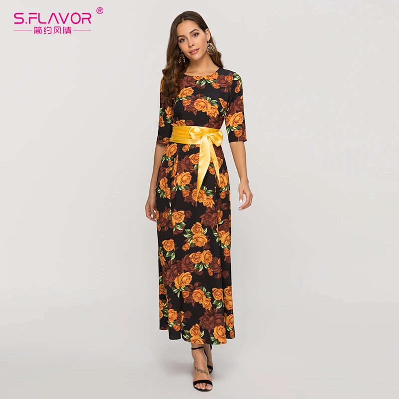 S. Светильник цветное женское длинное платье Осень-зима 2019 рукав 3/4 круглый ворот