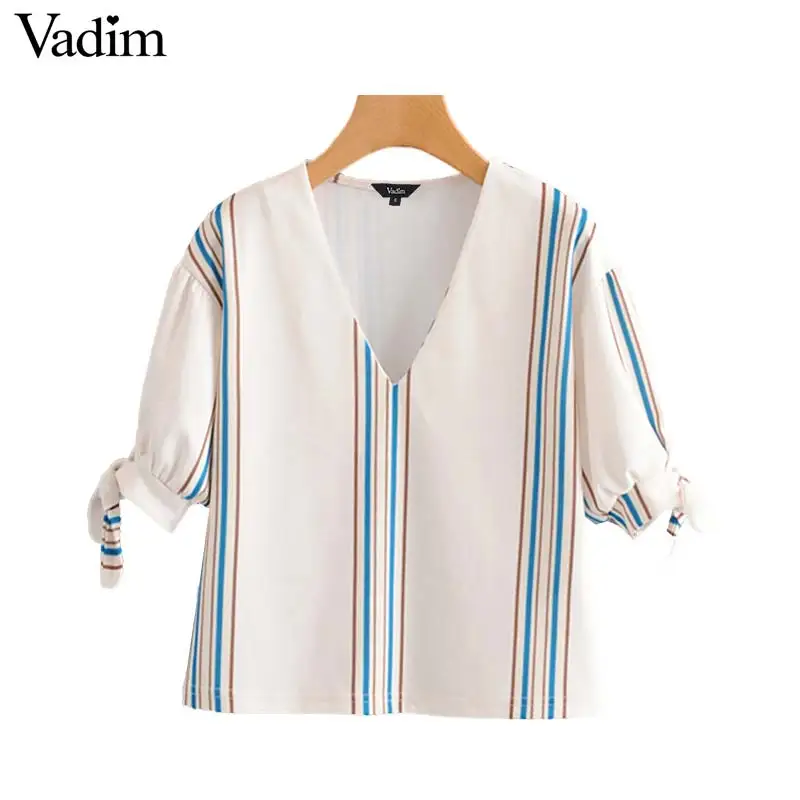 Vadim women stylish V neck striped blouse short sleeve cuff bow tie elegant female summer casual wear top blusas DA314
Vadim women stylish V neck striped blouse short sleeve cuff bow tie elegant female summer casual wear top blusas DA314