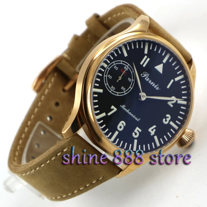 Parnis 44mm black dial blue luminous rose golden case 6497 hand winding movement Men's watch
