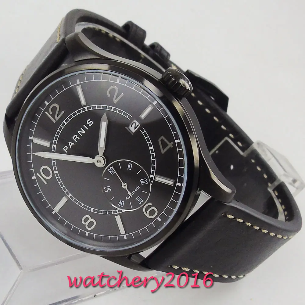 42mm PARNIS Black Dial PVD Coated Leather strap Date Luminous ST 1731 Automatic Movement men's Watch
42mm PARNIS Black Dial PVD Coated Leather strap Date Luminous ST 1731 Automatic Movement men's Watch
