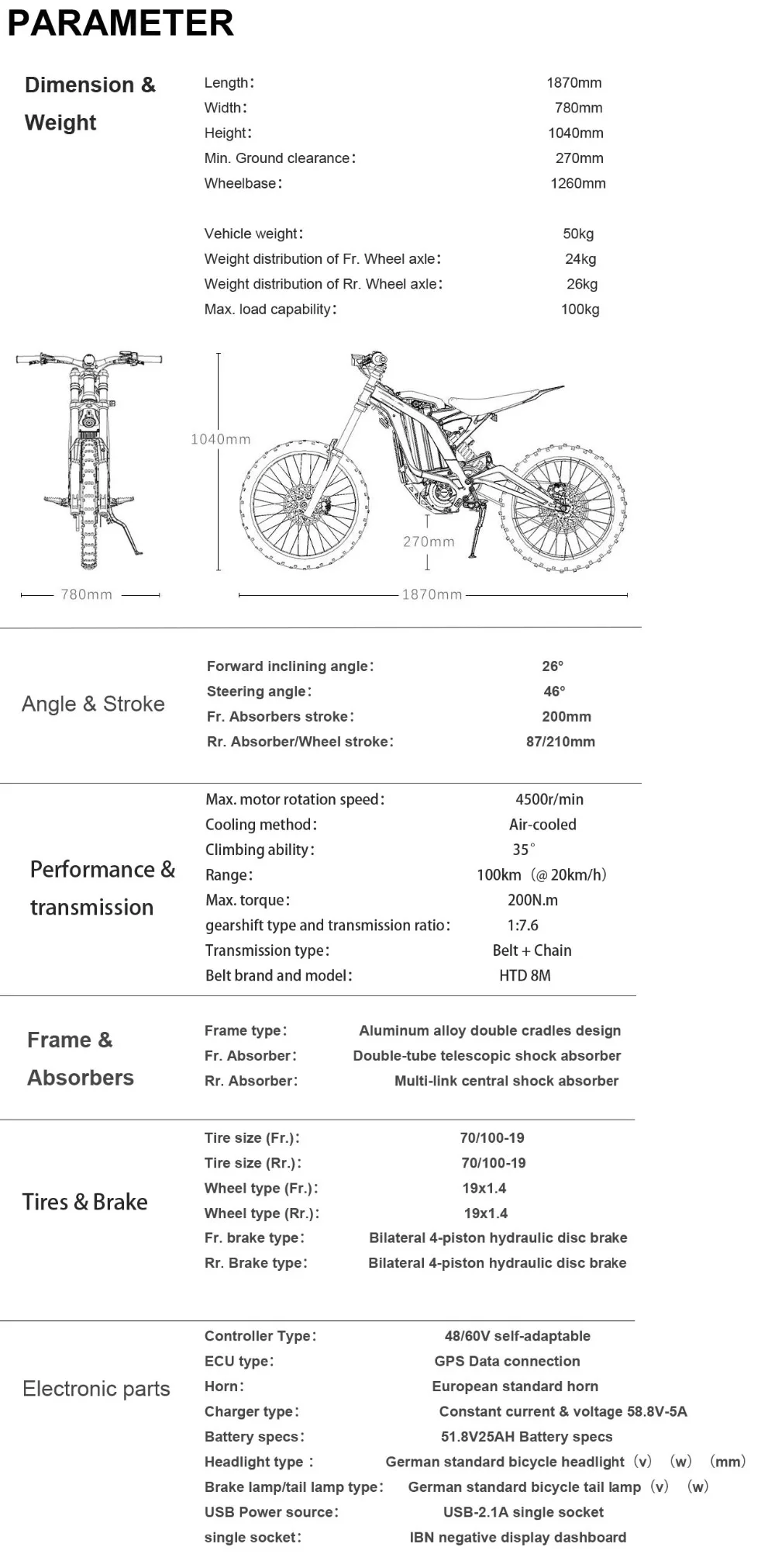 4 PARAMETER SUR-RON-Firefly-Motorbike-Dimensions