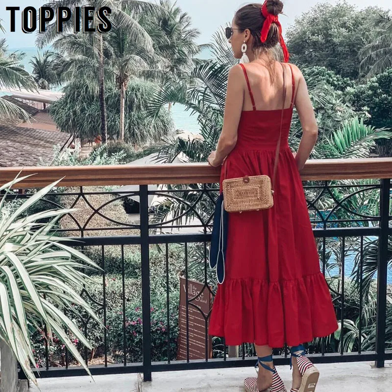 

2019 Summer Red Camisole Dress Pleated Hem Sexy Deep V Neck Vacation Long Dress Single Breasted Spliced Smocks Women Vestidos