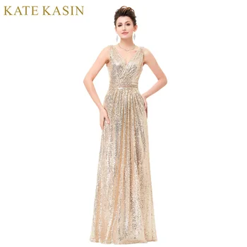 Kate Kasin Luxury Gold Silver Long Evening Dress Sleeveless