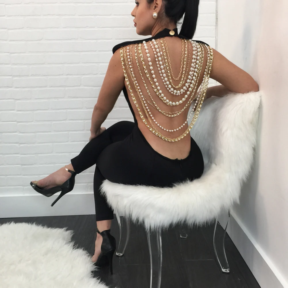 New Sexy Women Pearl Chain Backless Jumpsuit O Neck Sleevelss Ladies Elegant Party Club Long Overalls Outfits Bodycon Rompers
New Sexy Women Pearl Chain Backless Jumpsuit O Neck Sleevelss Ladies Elegant Party Club Long Overalls Outfits Bodycon Rompers