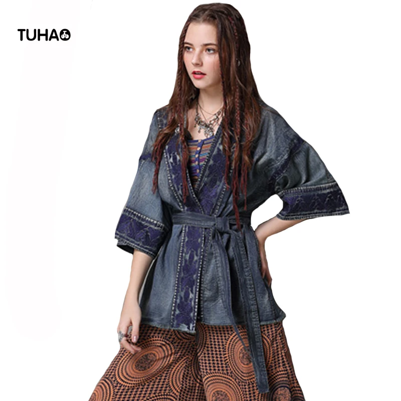TUHAO Kimono Style Denim Jackets With Sashes Three Quarter Sleeve V-neck Open Stitch Geometric Embroidery Vintage Coats TB9257
TUHAO Kimono Style Denim Jackets With Sashes Three Quarter Sleeve V-neck Open Stitch Geometric Embroidery Vintage Coats TB9257