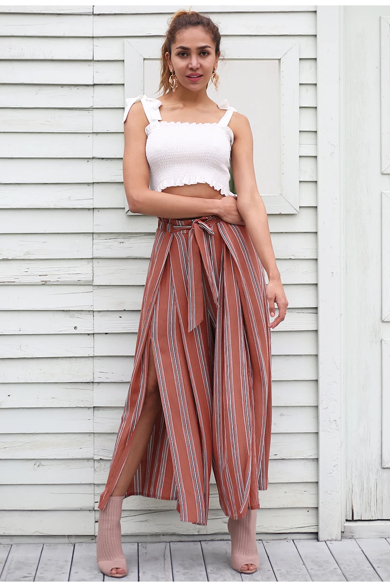 High Split Stripe High Waist Wide Leg Pants