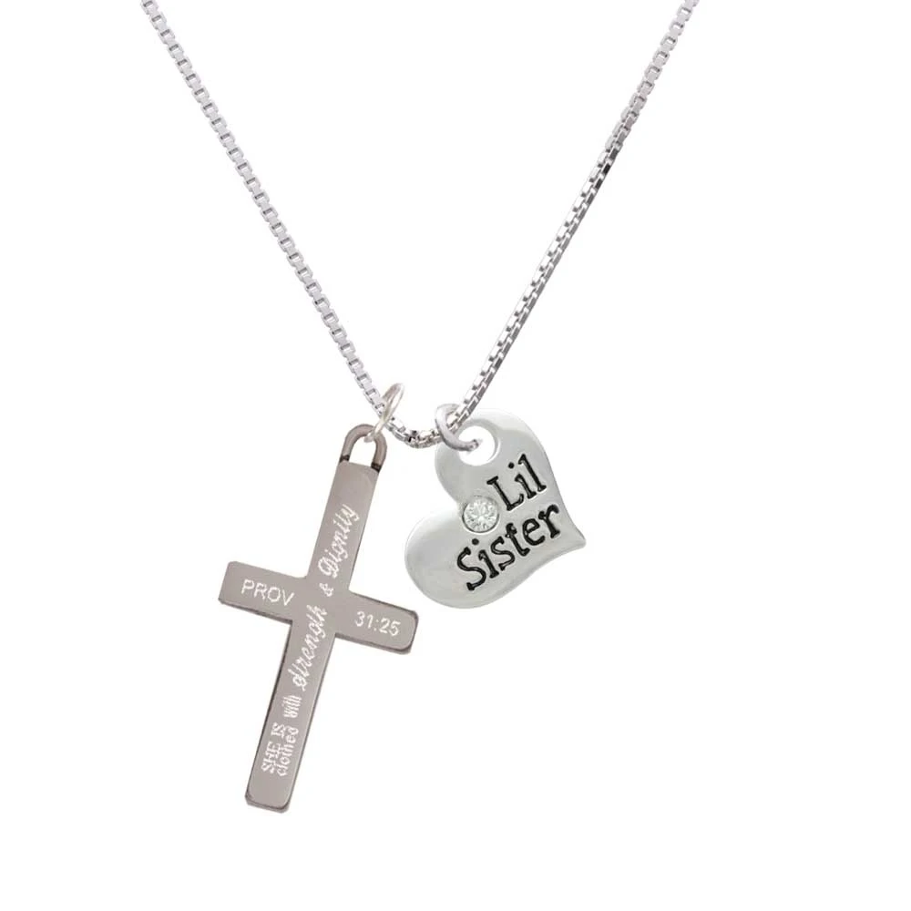 Large ''Lil Sister'' Heart with Clear Crystal - Strength and Dignity - Cross Necklace