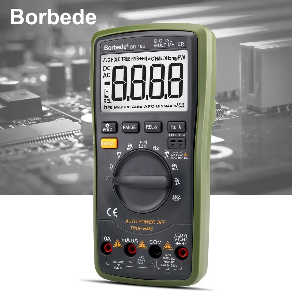 Borbede 16D Digital Multimeter 6000 Counts Auto-range LCD DC AC Resistance Capacitance LED high-voltage output True RMS Tester
Borbede 16D Digital Multimeter 6000 Counts Auto-range LCD DC AC Resistance Capacitance LED high-voltage output True RMS Tester