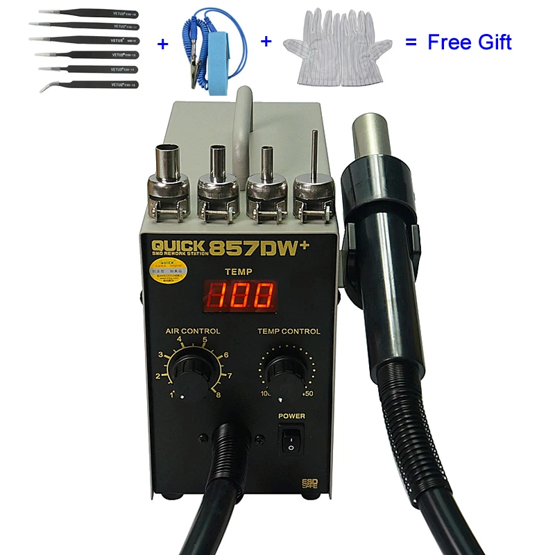 QUICK 857DW+ Soldering Station 850W Adjustable Hot Air Gun Station with Heater Helical Wind Air Gun SMD Hot Rework Station
QUICK 857DW+ Soldering Station 850W Adjustable Hot Air Gun Station with Heater Helical Wind Air Gun SMD Hot Rework Station