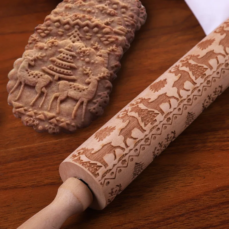 

35/43CM Christmas Embossing Rolling Pin Baking Cookies Biscuit Fondant Cake Dough Engraved Roller Reindeer Snowflake