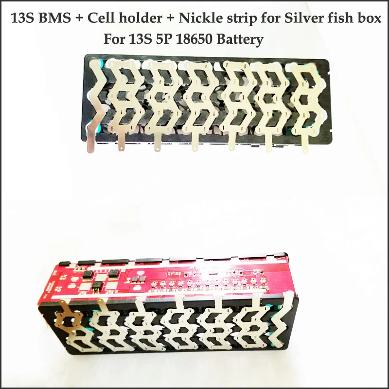 18650 silver fish battery cell holder with W shape nickle strip and 13S 48V Li ion Battery BMS with 15A constant current 
18650 silver fish battery cell holder with W shape nickle strip and 13S 48V Li ion Battery BMS with 15A constant current