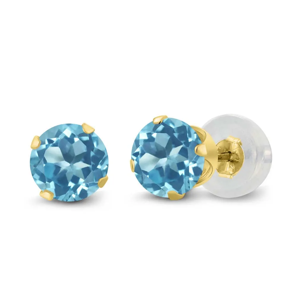 GemStoneKing 14K Yellow Gold Plated Stud Earrings for Women w/ Round Blue Topaz