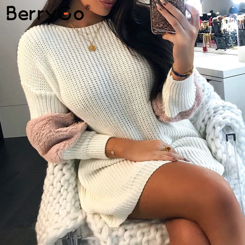 BerryGo Faux fur patchwork casual knitted dress women Spliced long sleeve o neck sweater dress Streetwear femme sweater dress
BerryGo Faux fur patchwork casual knitted dress women Spliced long sleeve o neck sweater dress Streetwear femme sweater dress