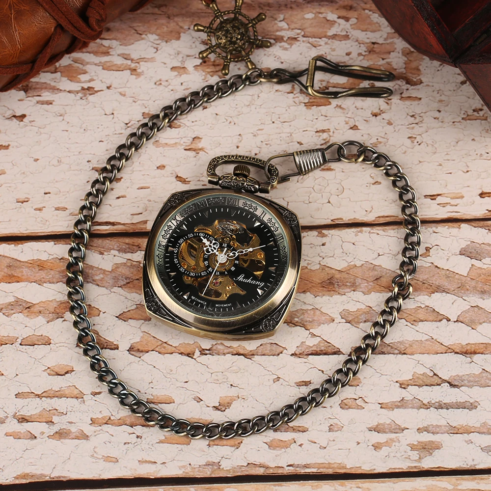 2018 New Arrival Steampunk Skeleton Open Face Hand Wingding Mechanical Pocket Watch Men Women Antique Square Case Creative Watch (12)