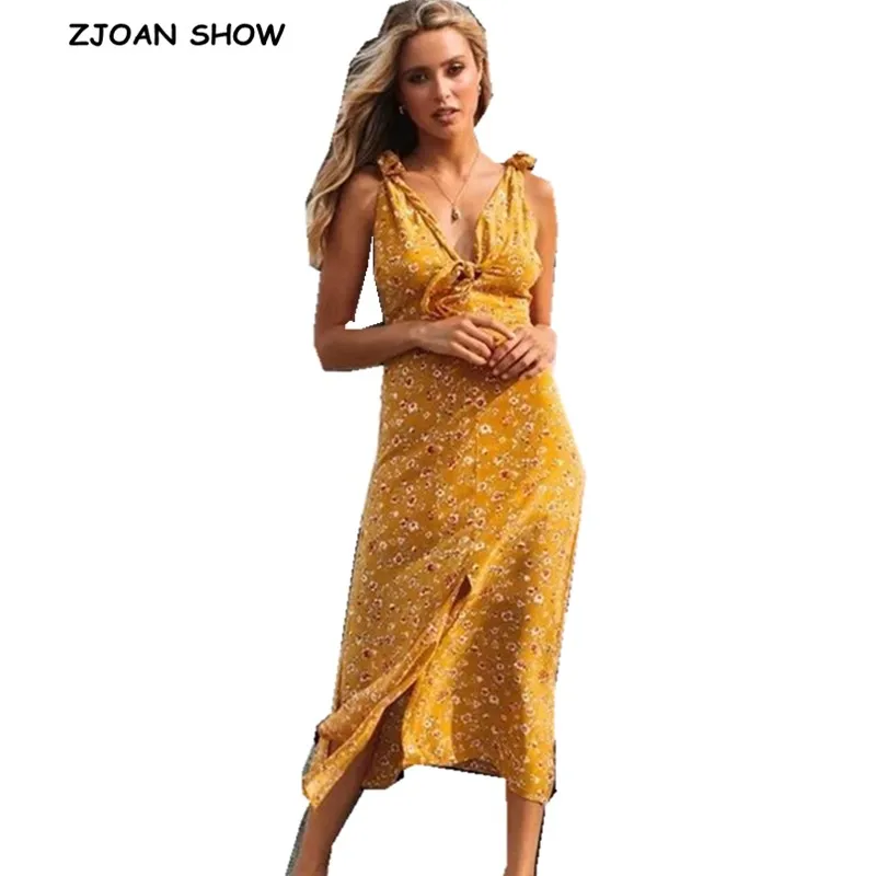 2019 New Summer Yellow Flower Print Tide Bow Spaghetti Strap Dress Vintage Women Side Front Split Mid-calf Dresses Vestidos
2019 New Summer Yellow Flower Print Tide Bow Spaghetti Strap Dress Vintage Women Side Front Split Mid-calf Dresses Vestidos