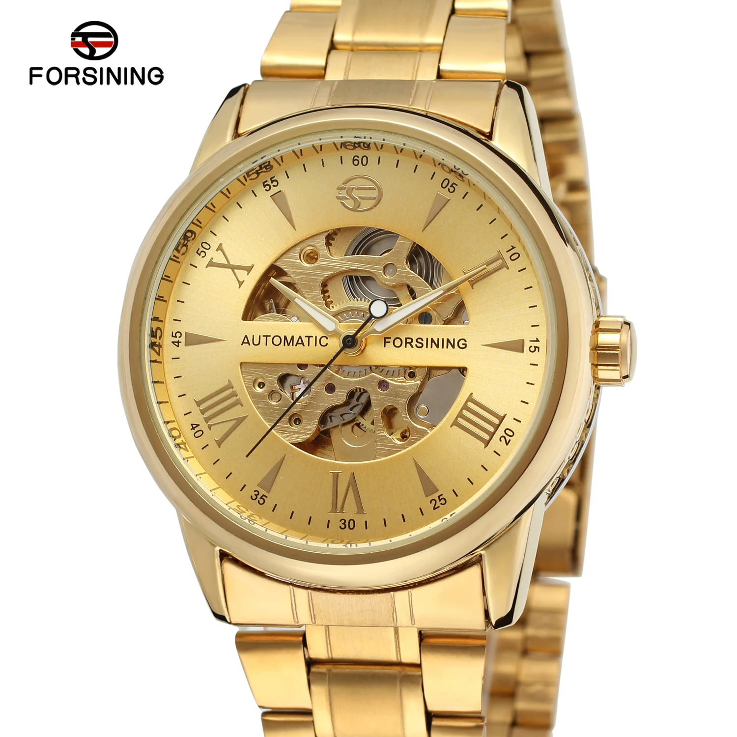 

Forsining Top Brand Full Gold Steel Relogio Masculinos Golden Dial Skeleton Mens Clock Luxury Automatic Men Mechanical Watches