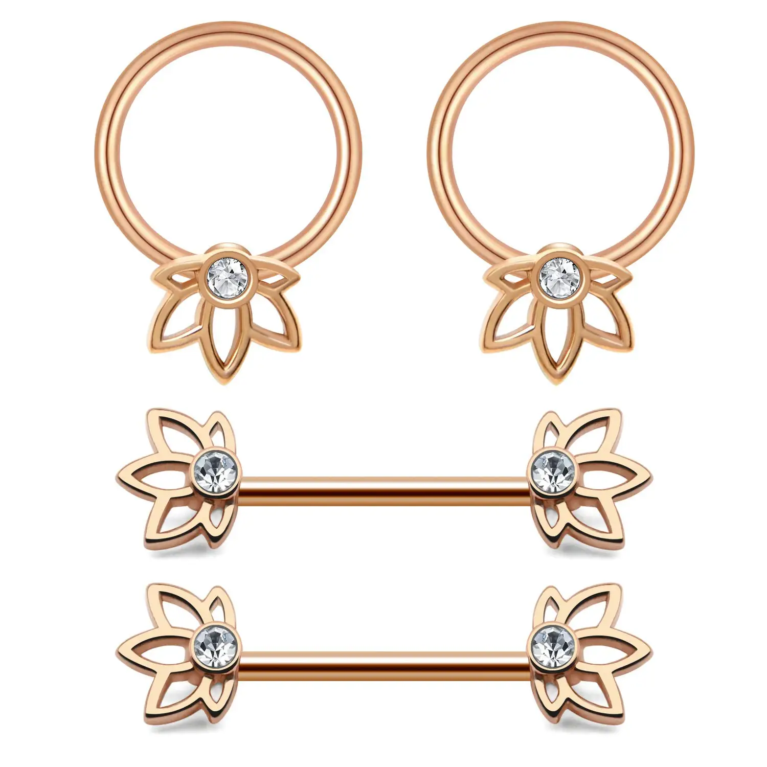 2 Pairs Nipple Rings Flower with CZ Inlaid Nipple Bars Barbells Rings and Captive Rings- 14G 316L Stainless Steel
2 Pairs Nipple Rings Flower with CZ Inlaid Nipple Bars Barbells Rings and Captive Rings- 14G 316L Stainless Steel