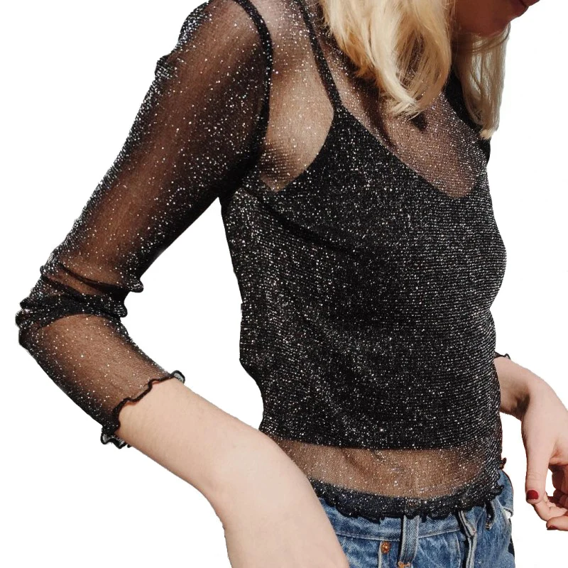 Fashion Summer Autumn See Through Perspective Sparkling Golden Silvery Line Full Sleeve Ruffles WomenTop Blouse
Fashion Summer Autumn See Through Perspective Sparkling Golden Silvery Line Full Sleeve Ruffles WomenTop Blouse