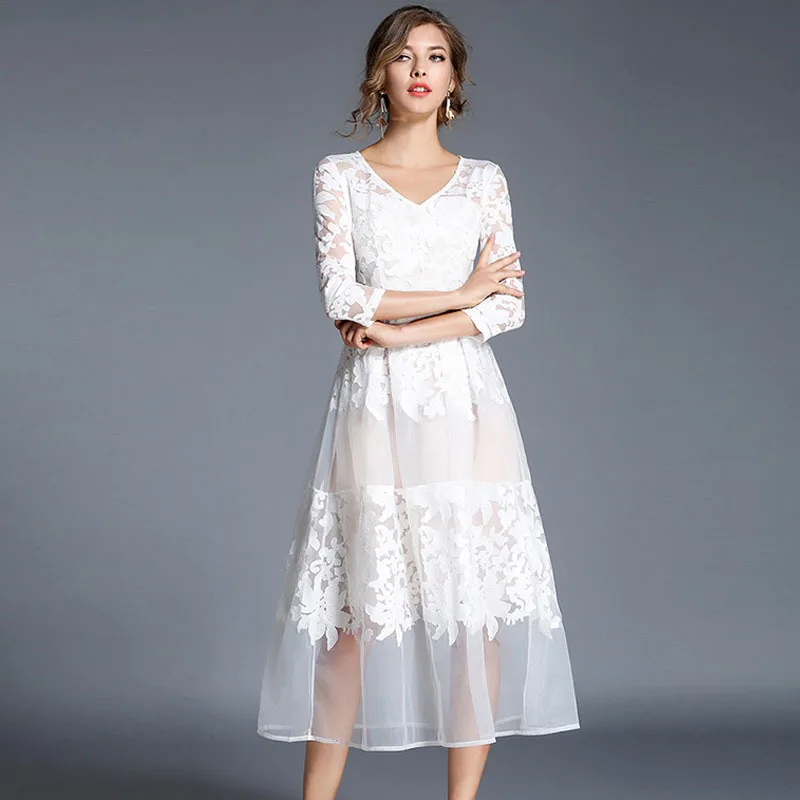 2019 Spring exy V-Neck three quarter Sleeve Patchwork Lace voile Dresses Women Summer vintage Party Vestidos white dresses
2019 Spring exy V-Neck three quarter Sleeve Patchwork Lace voile Dresses Women Summer vintage Party Vestidos white dresses