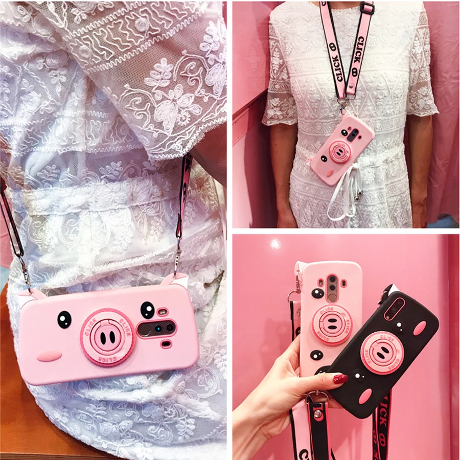 

For huawei P20 pro mate 10 pro nova 3 honor 10 9 case cover cute 3d cartoon pink pig camera with shoulder strap soft silicon