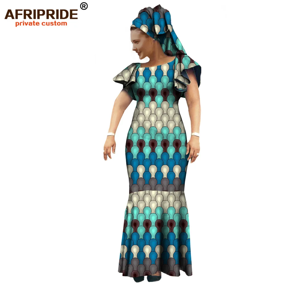 

2017 Fall african women clothing AFRIPRIDE private custom lantern sleeves maxi dress for women with headscarf plus size A722552