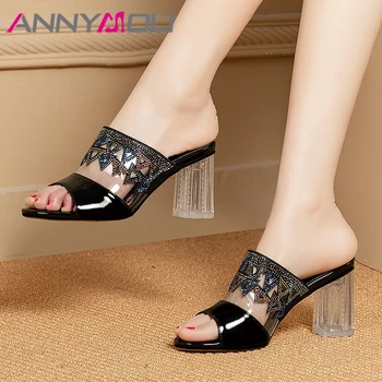 ANNYMOLI Summer Shoes Women Slippers Natural Cow Leather Chunky High Heel Shoes Transparent Rhinestone Slides Lady Sandals 34-39
ANNYMOLI Summer Shoes Women Slippers Natural Cow Leather Chunky High Heel Shoes Transparent Rhinestone Slides Lady Sandals 34-39