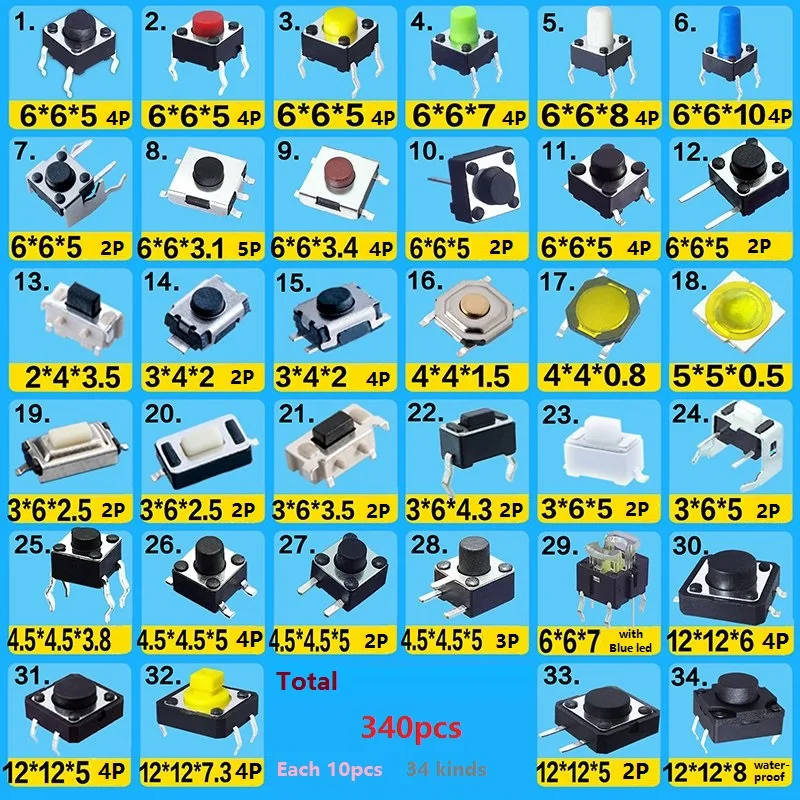 340pcs Assorted Micro Push Button Touch Switch Kit 2x4 3x6 4x4 12x12 6x6 SMD MP3 MP4 MP5 Tablet PC Repair special SMT 3x6x3.5
340pcs Assorted Micro Push Button Touch Switch Kit 2x4 3x6 4x4 12x12 6x6 SMD MP3 MP4 MP5 Tablet PC Repair special SMT 3x6x3.5