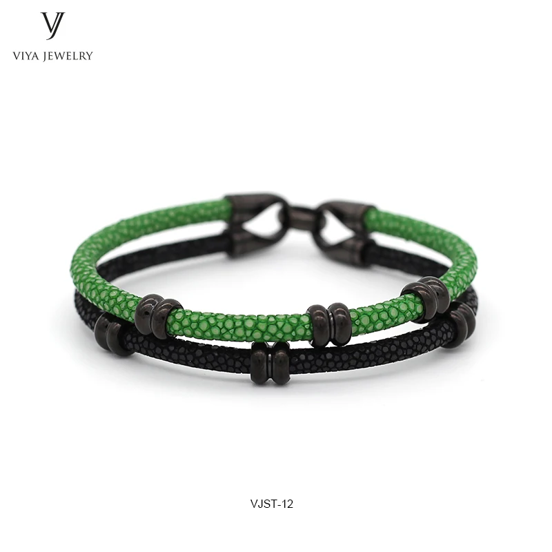 Unique Mixed Color Design Genuine Stingray Leather Strap Bracelet Fashion green and black Two Colors Mixed Stingray Leather Bracelet (5)