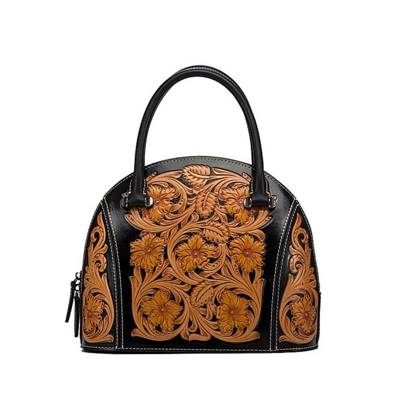 Vintage Engraved Flower Designer Genuine Cowhide Leather Women's Black Purse Floral Top-handle Bag Ladies Handbag Shell Bag
Vintage Engraved Flower Designer Genuine Cowhide Leather Women's Black Purse Floral Top-handle Bag Ladies Handbag Shell Bag