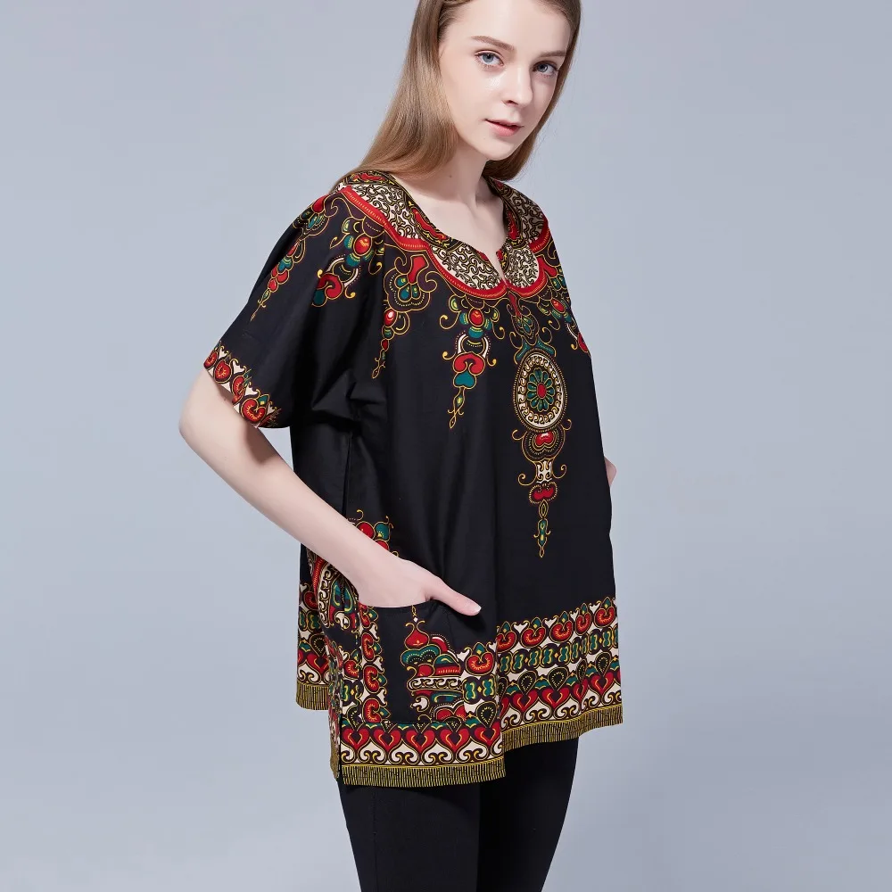 

Unisex Black Ethnic Vintage 60s-70s Tribal African DASHIKI Print Top Shirt Cotton Tribal Hippie Boho Tunic Festival