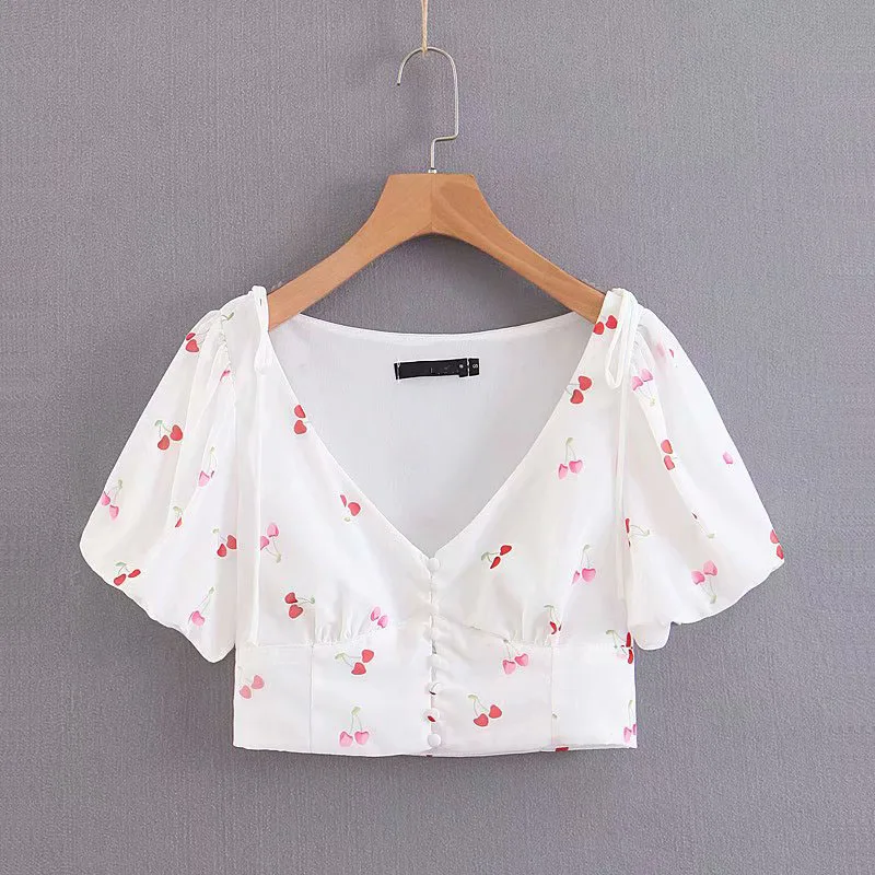 Sweet Girls Cherry Print Short Blouse Sexy Women Button V-Neck Short Sleeve Shirts Casual Crop Top Blusas Mujer
Sweet Girls Cherry Print Short Blouse Sexy Women Button V-Neck Short Sleeve Shirts Casual Crop Top Blusas Mujer
