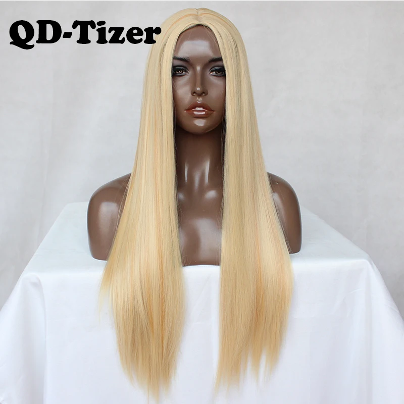 Длинный прямой парик блонд QD-Tizer шелковистый синтетический без шнуровки