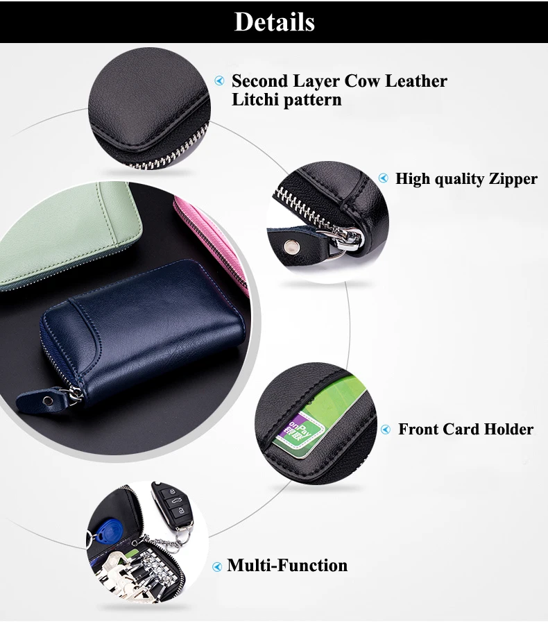 Lomelobo Unisex Split Leather Key Wallet Litchi Pattern Women Multi-Function Coin Purse Men Car Chain Bags Credit ID Card Holder HCL950 Details (04)